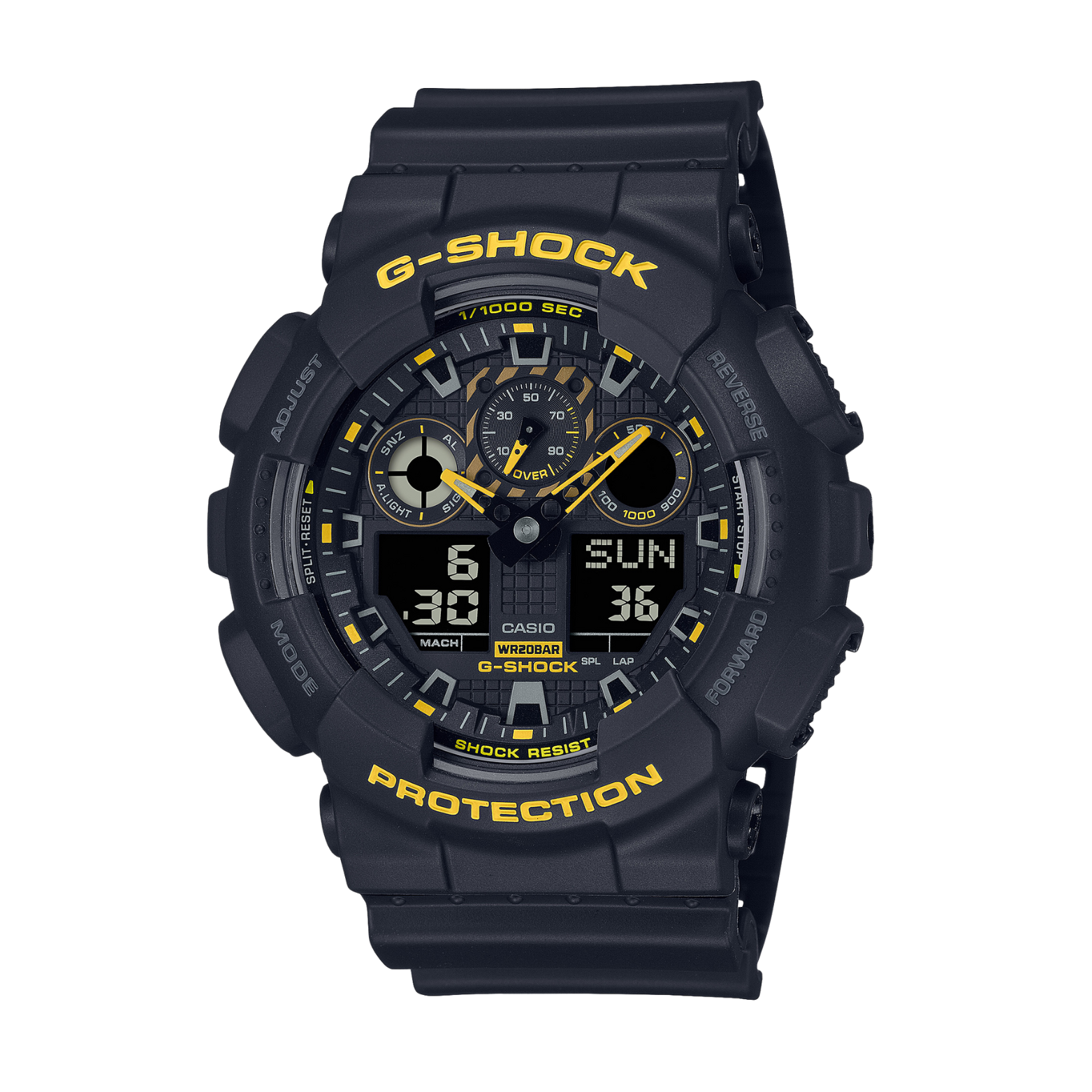 A black CASIO G-SHOCK watch with a digital display, featuring yellow accents and multiple watch features visible.