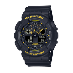 A black CASIO G-SHOCK watch with a digital display, featuring yellow accents and multiple watch features visible.