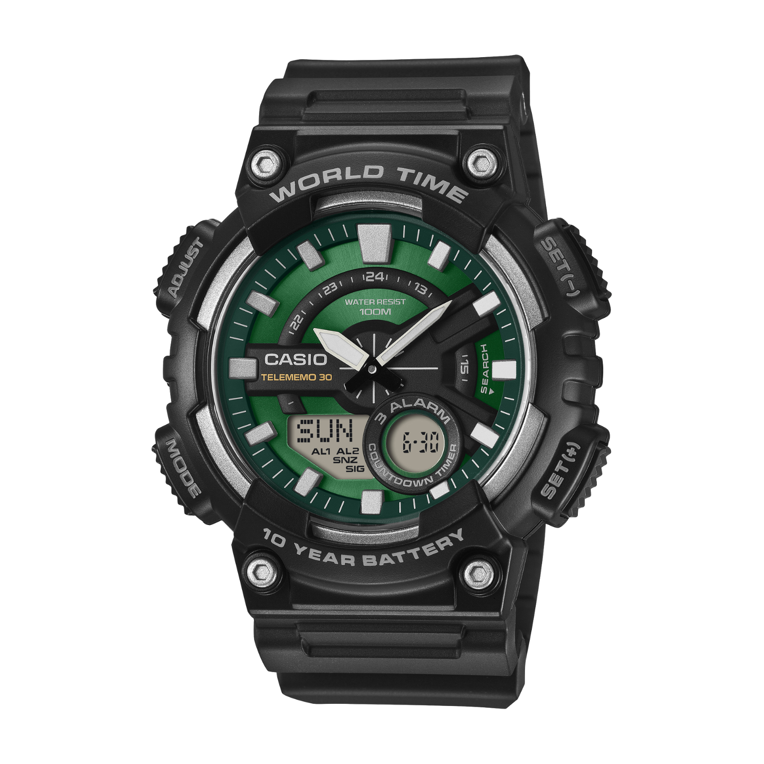 Casio watch with green face and black casing on a white background
