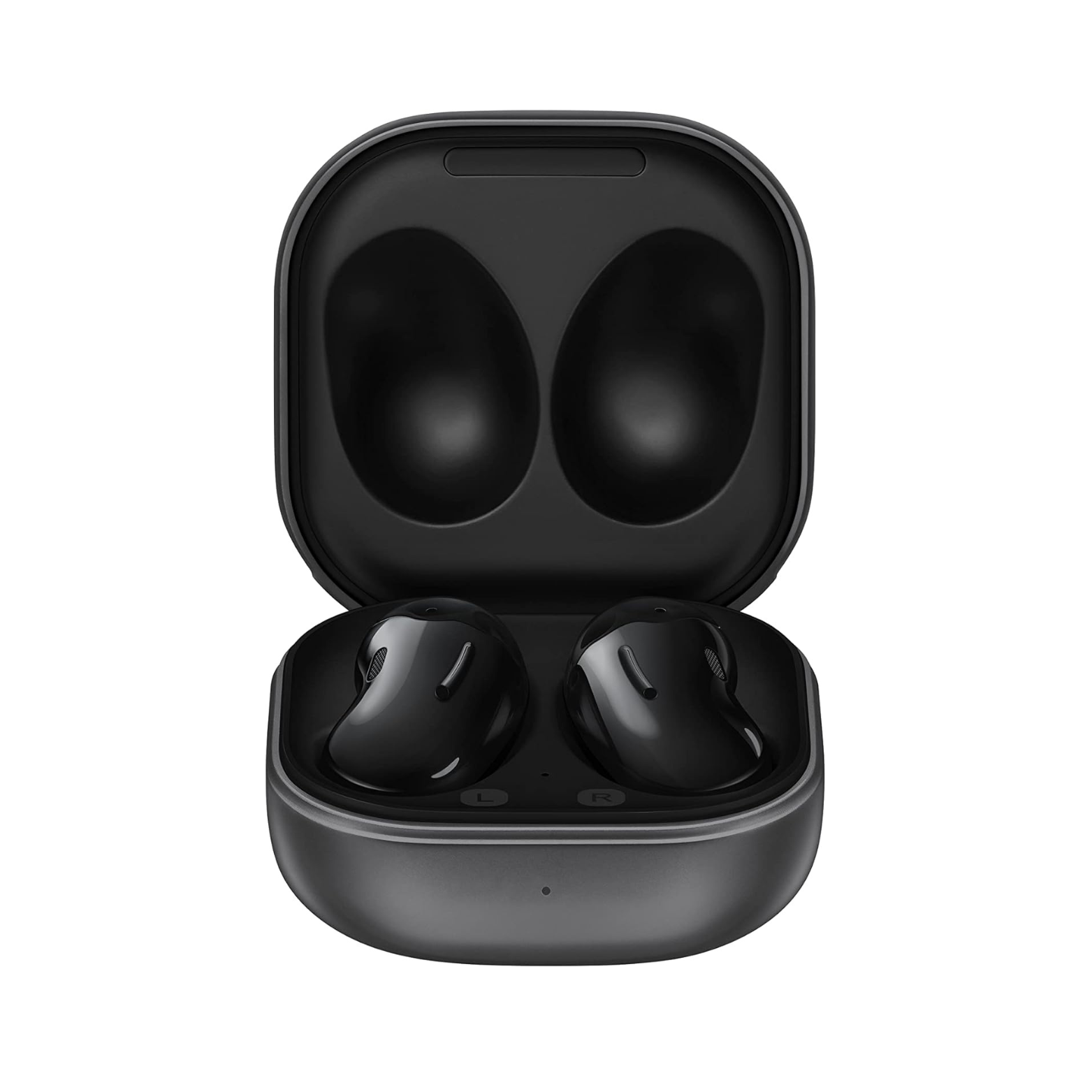 Black wireless earbuds in an open charging case on a white background