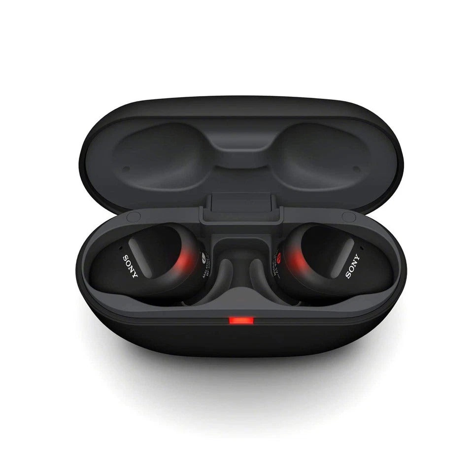 Black Sony wireless earbuds in a charging case on a white background