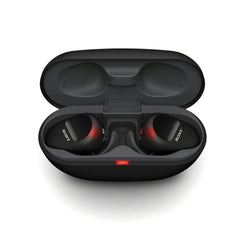 Black Sony wireless earbuds in a charging case on a white background