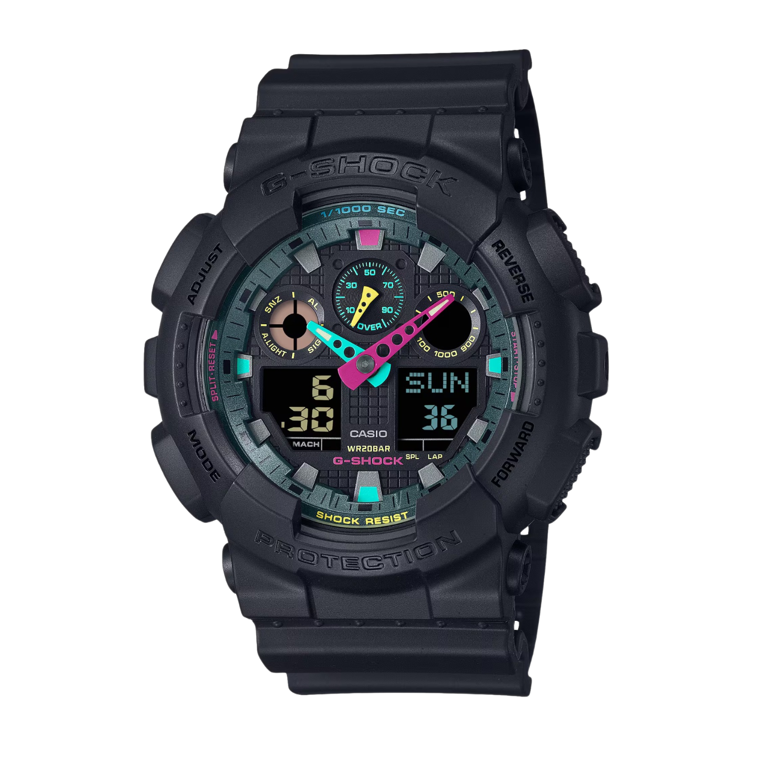 A black CASIO G-SHOCK analog-digital watch with a resin band, displaying a colorful dial including time, date, and various watch features.