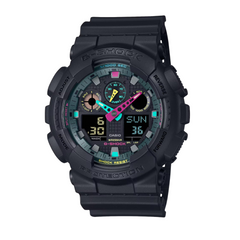 A black CASIO G-SHOCK analog-digital watch with a resin band, displaying a colorful dial including time, date, and various watch features.