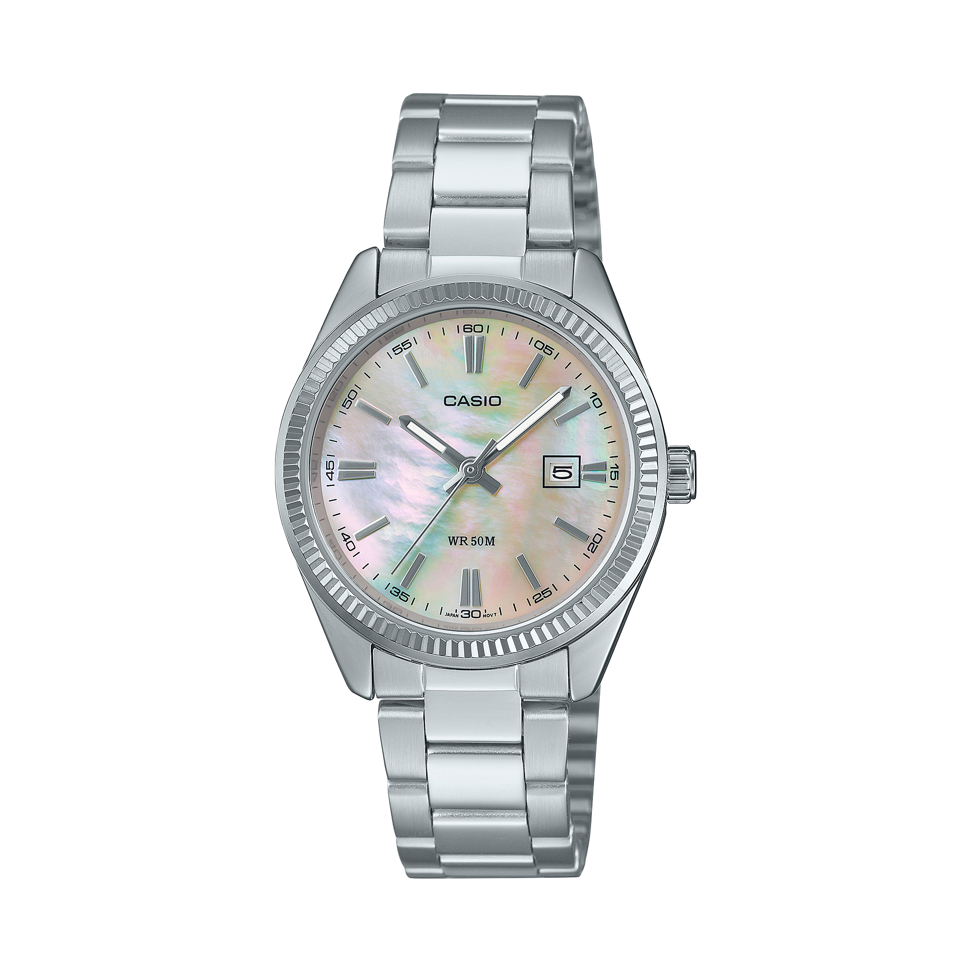 Silver Casio watch with a multicolor face