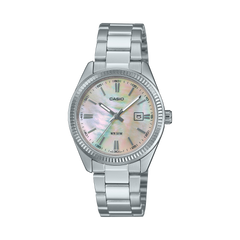 Silver Casio watch with a multicolor face