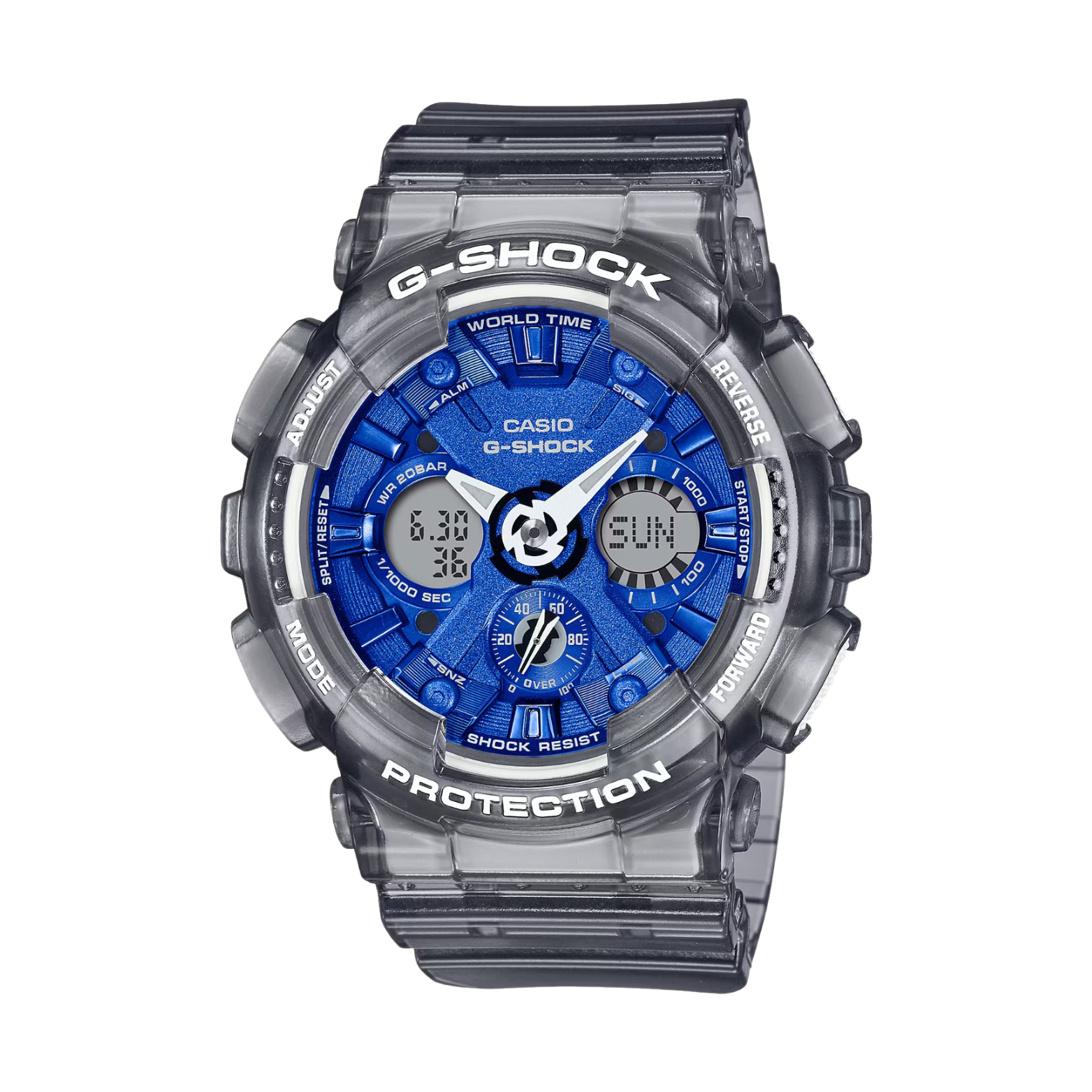 A CASIO G-SHOCK watch with a blue analog dial and gray resin band, showing features such as world time, stopwatch, and alarm.