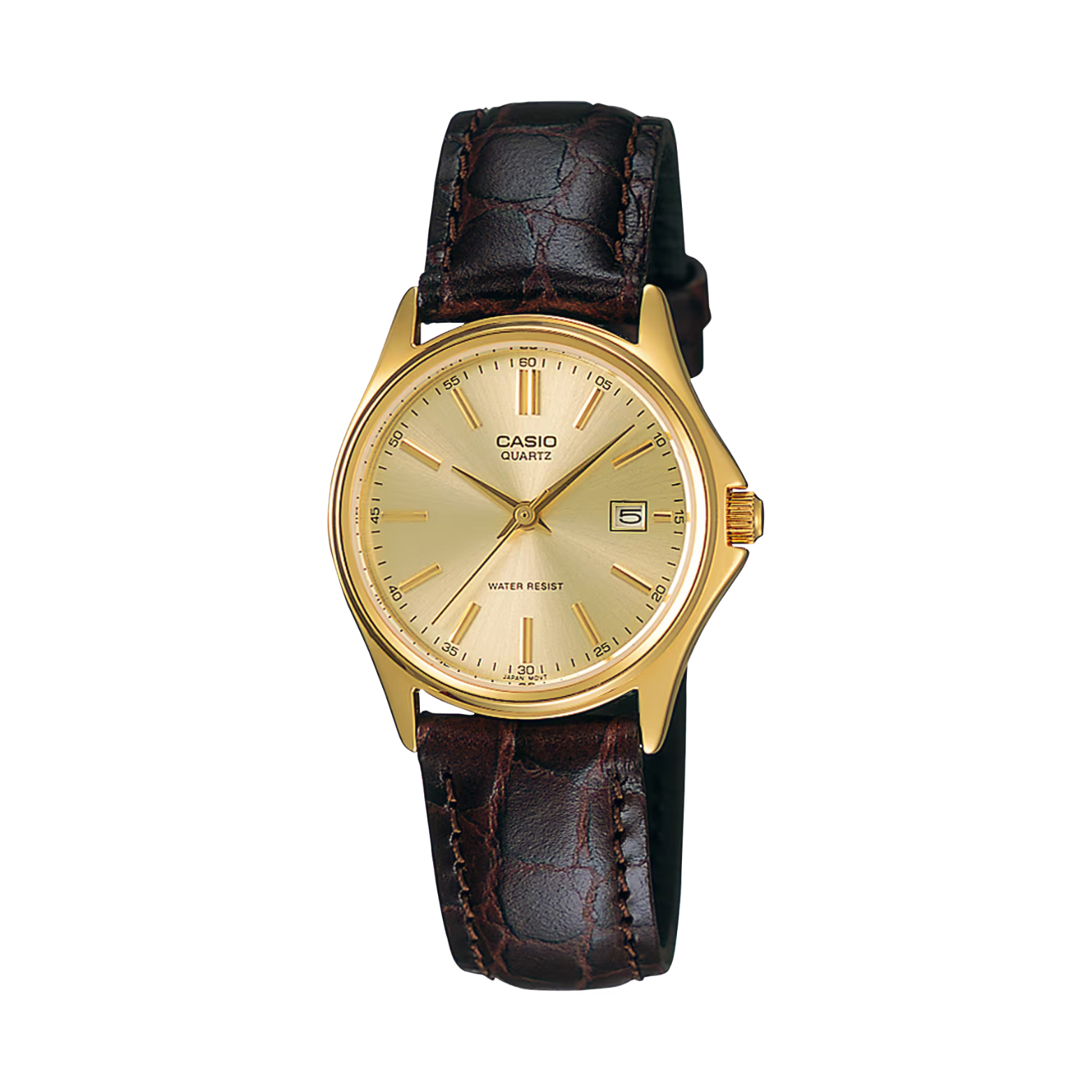 Casio watch with gold face and brown leather strap on a white background