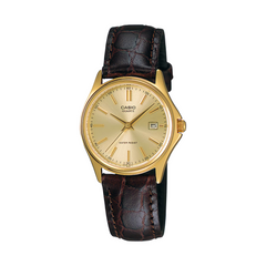 Casio watch with gold face and brown leather strap on a white background
