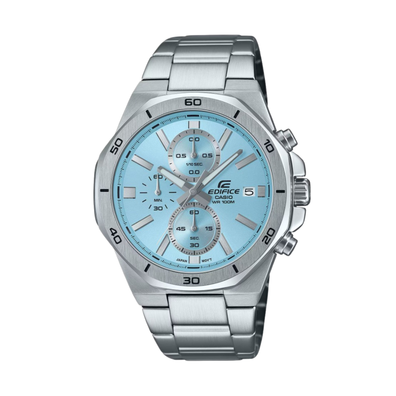 A Casio Edifice EFV-640D-2BV watch with a stainless steel band and a blue analog dial with multiple dials and a digital display.