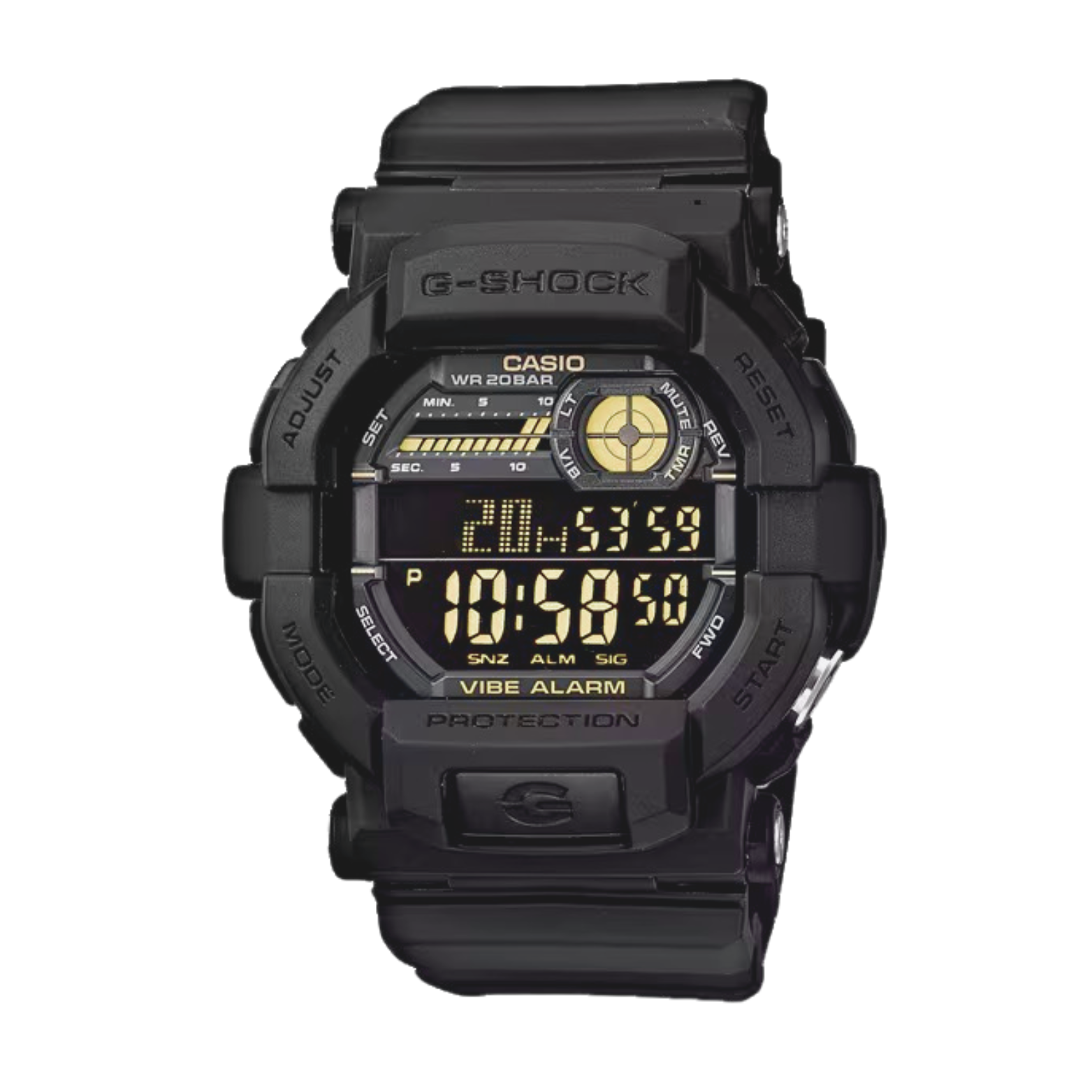 A black CASIO G-SHOCK digital watch with a resin band, displaying time, date, and various watch features on its digital screen.