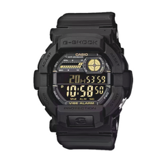 A black CASIO G-SHOCK digital watch with a resin band, displaying time, date, and various watch features on its digital screen.