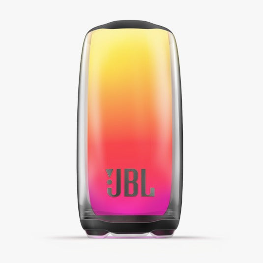 A JBL Pulse 5 Bluetooth speaker with a colorful gradient light show, displaying the JBL logo on the front.