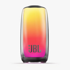 A JBL Pulse 5 Bluetooth speaker with a colorful gradient light show, displaying the JBL logo on the front.