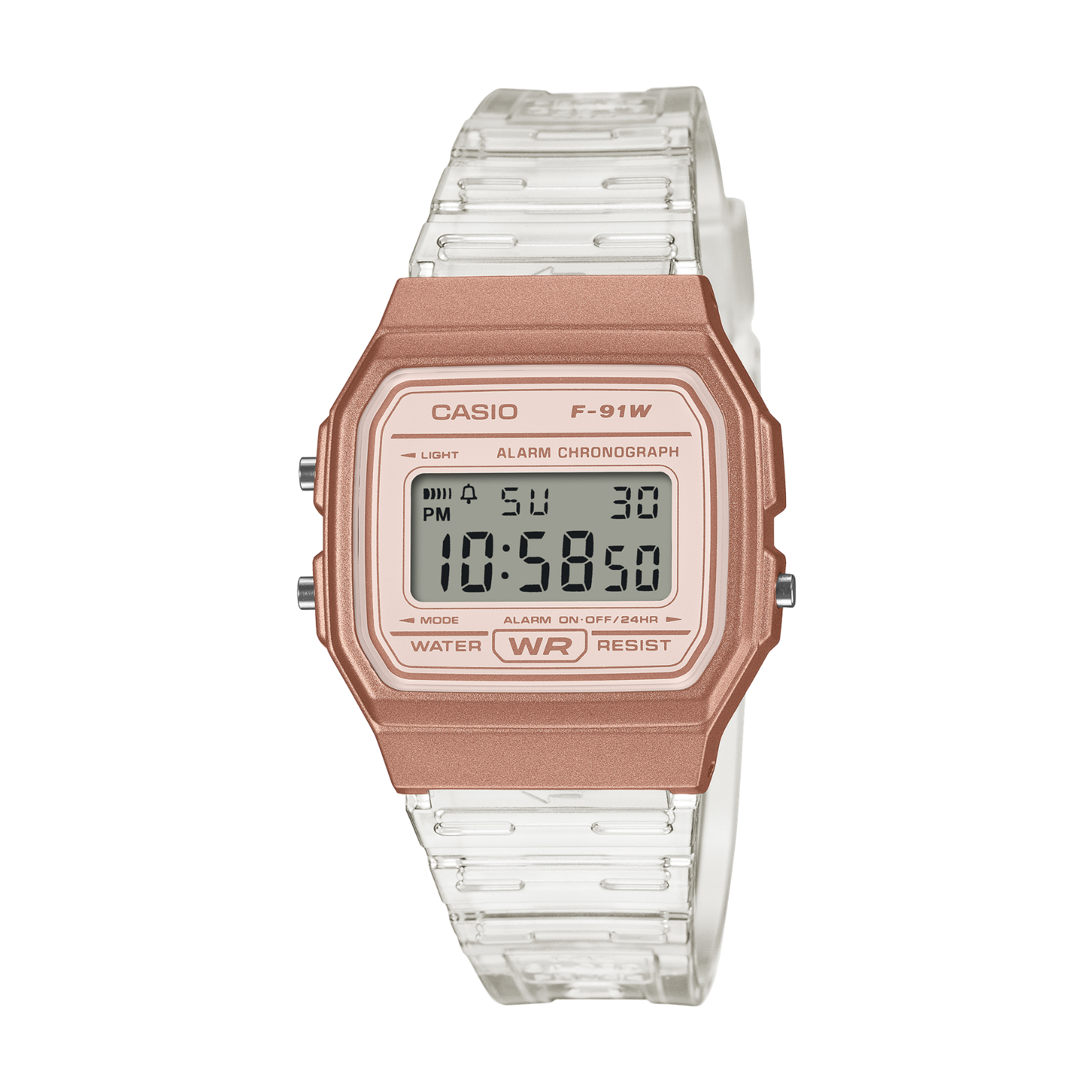 Casio digital watch with rose gold case and clear strap on a white background
