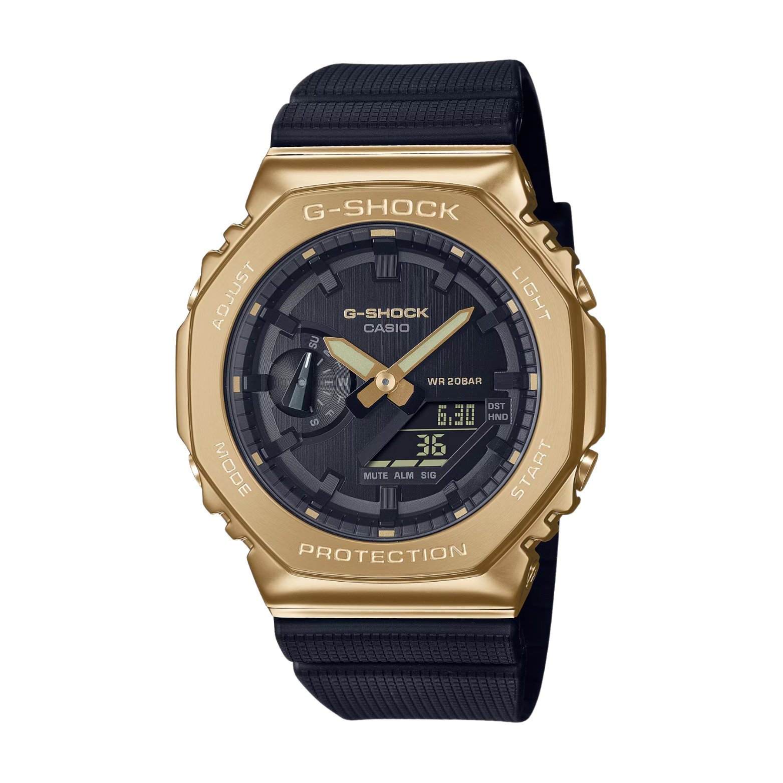 A Casio G-Shock watch with a gold ion plated bezel, black band, and digital display.