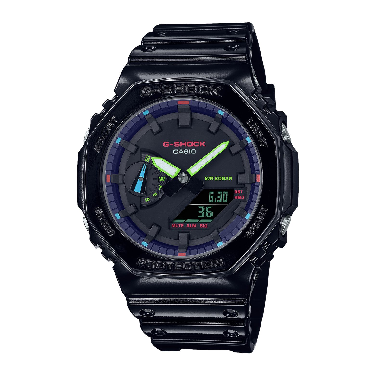 A black CASIO G-SHOCK watch with a digital display, featuring a blue and red accent on the dial and a resin band.