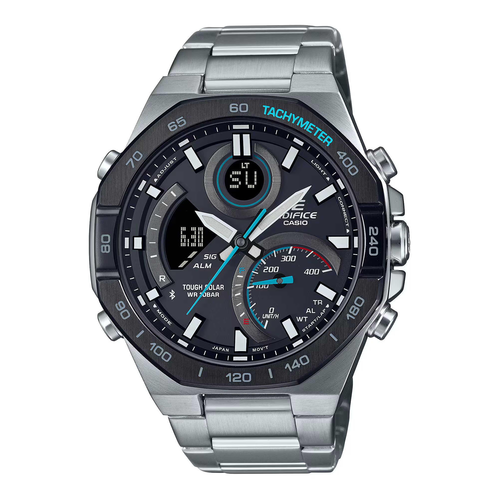 A Casio Edifice ECB-950DB-1ADF watch with a black band and ion-plated bezel, displaying a digital and analog watch face.
