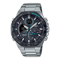 A Casio Edifice ECB-950DB-1ADF watch with a black band and ion-plated bezel, displaying a digital and analog watch face.