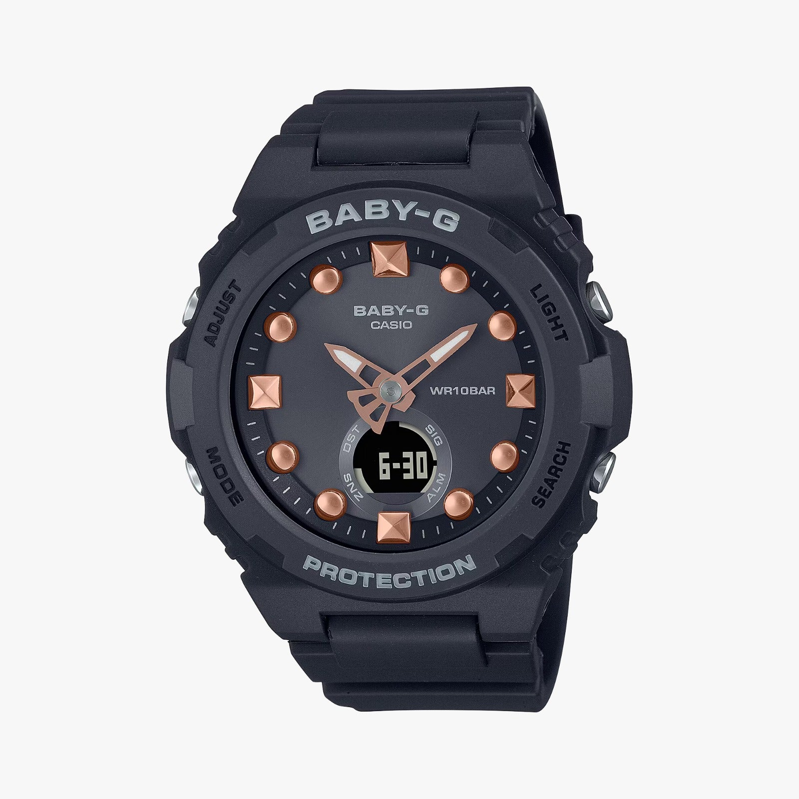 A black CASIO G-SHOCK BGA-320-1ADR watch with a resin band and analog-digital display, featuring rose gold accents on the watch face.