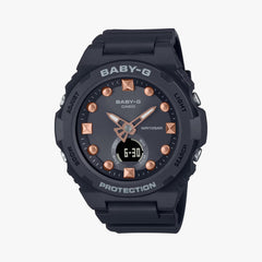 A black CASIO G-SHOCK BGA-320-1ADR watch with a resin band and analog-digital display, featuring rose gold accents on the watch face.