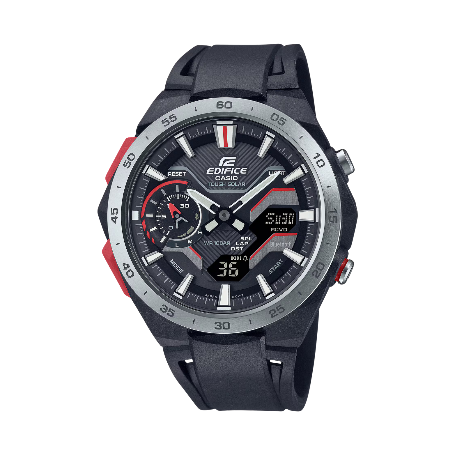 A Casio Edifice watch with a black band, black case, and black dial, featuring a digital display and multiple watch hands.