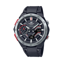 A Casio Edifice watch with a black band, black case, and black dial, featuring a digital display and multiple watch hands.