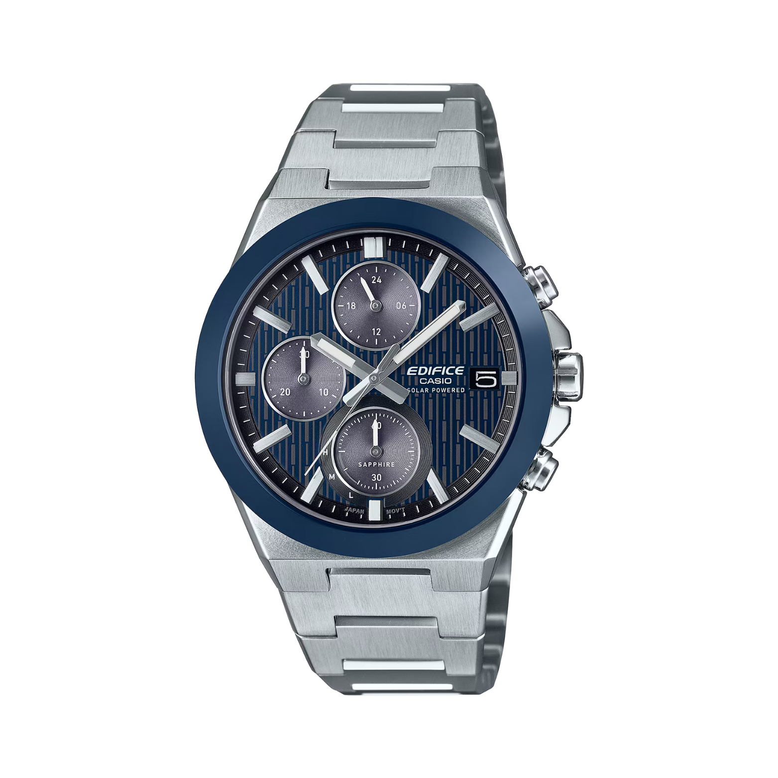 Silver and blue Edifice watch on a white background