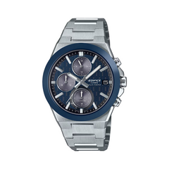 Silver and blue Edifice watch on a white background