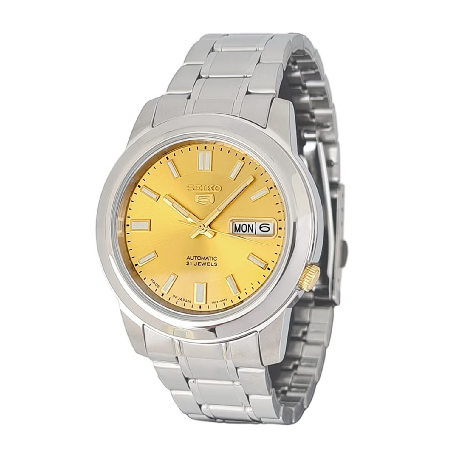 A Seiko 5 signature watch with a gold dial and a silver stainless steel bracelet and case.
