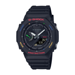 Black G-Shock watch with digital and analog display on a white background