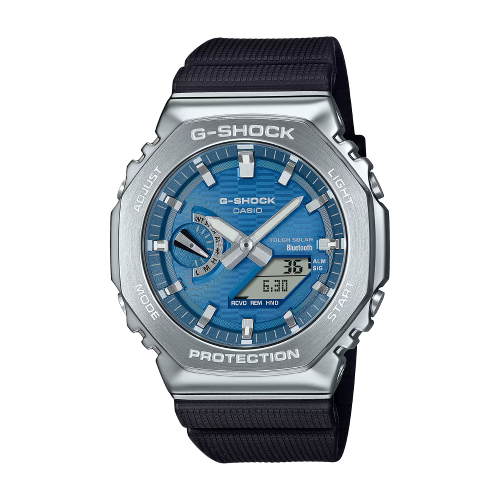 G-Shock watch with blue face and black strap on a white background