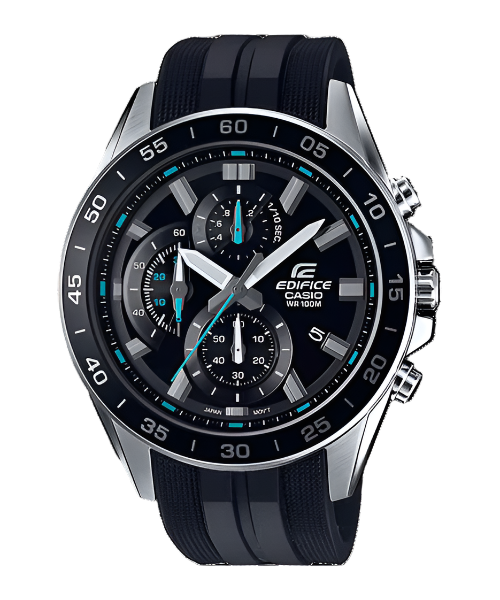 A Casio Edifice EFV-550P-1AVUDF watch with a black band, black case, and black dial featuring analog hands and multiple sub-dials.