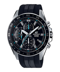 A Casio Edifice EFV-550P-1AVUDF watch with a black band, black case, and black dial featuring analog hands and multiple sub-dials.