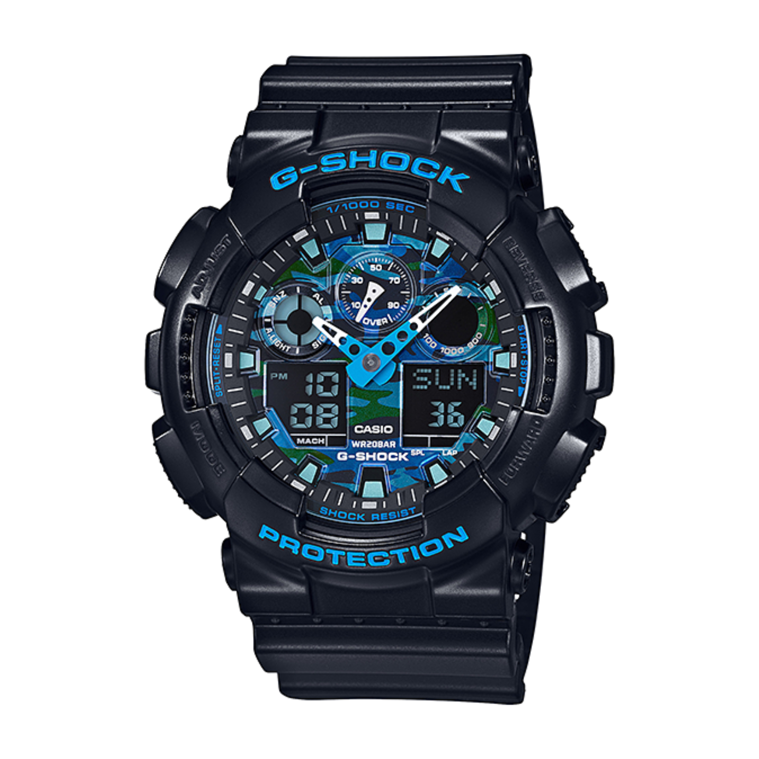 A CASIO G-SHOCK watch with a black band and casing, featuring a digital display with blue and green accents.
