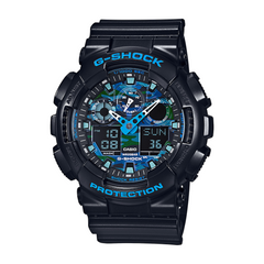 A CASIO G-SHOCK watch with a black band and casing, featuring a digital display with blue and green accents.
