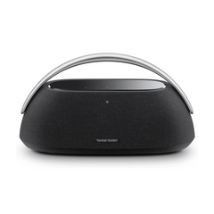 Harman Kardon Go + Play 3 portable speaker in black color with a metallic handle and a glass touch panel.