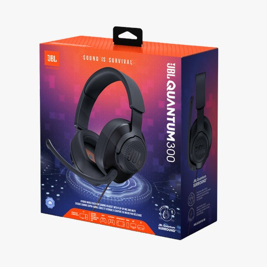 Box packaging of JBL QUANTUM 300 hybrid wired over-ear gaming headset with flip-up mic, displaying the product and its features.