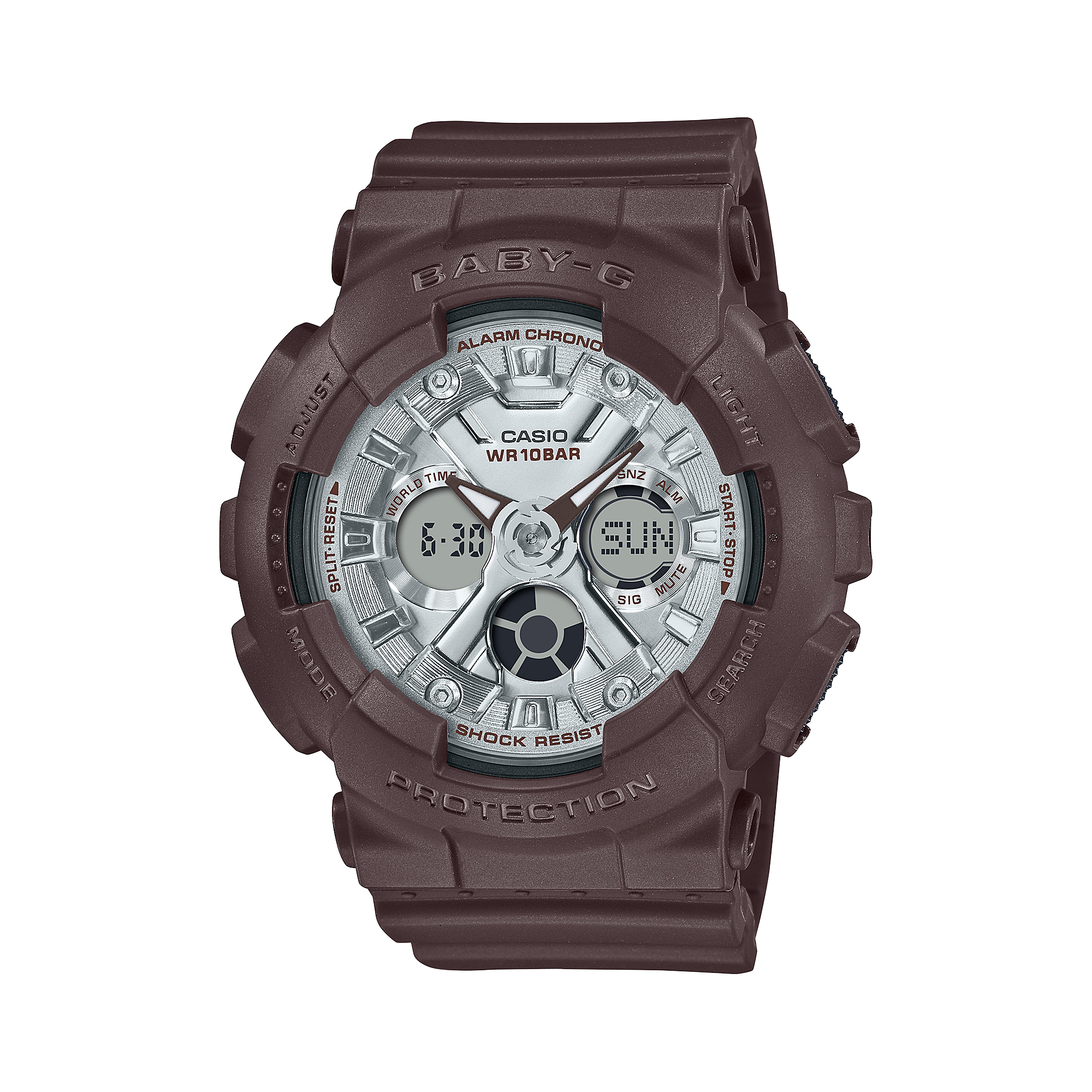 A Casio G-Shock analog-digital watch with a brown resin band and case, digital display showing time and various watch features.