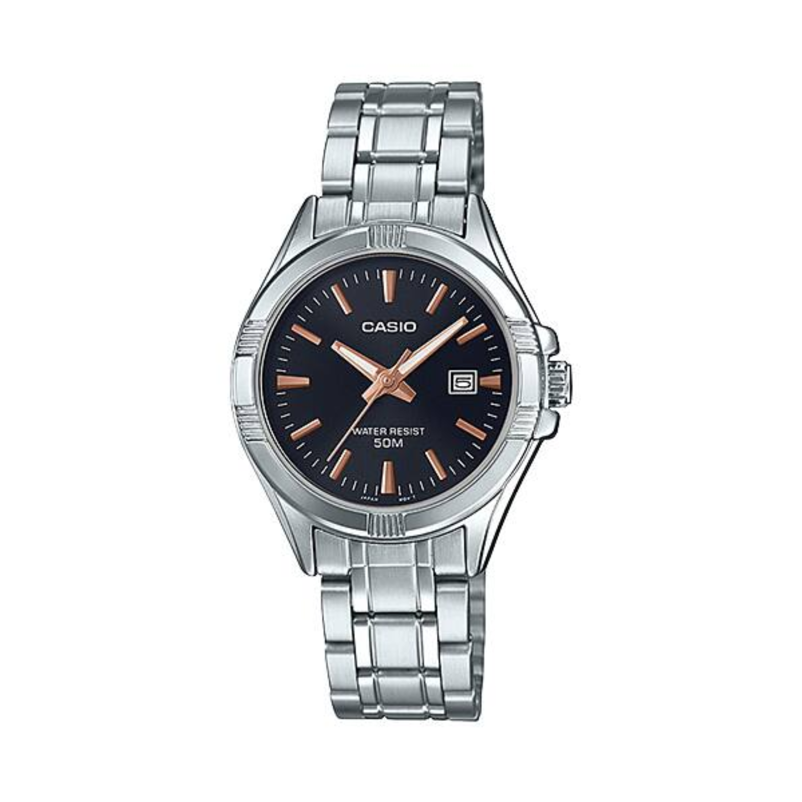 Casio watch with silver metal strap and black dial