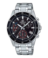 A Casio Edifice EFV-540D-1AVUDF watch with a stainless steel band and a black dial featuring analog display and multiple watch features.