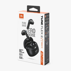 JBL Tune Flex 2 wireless earbuds packaging on a white background