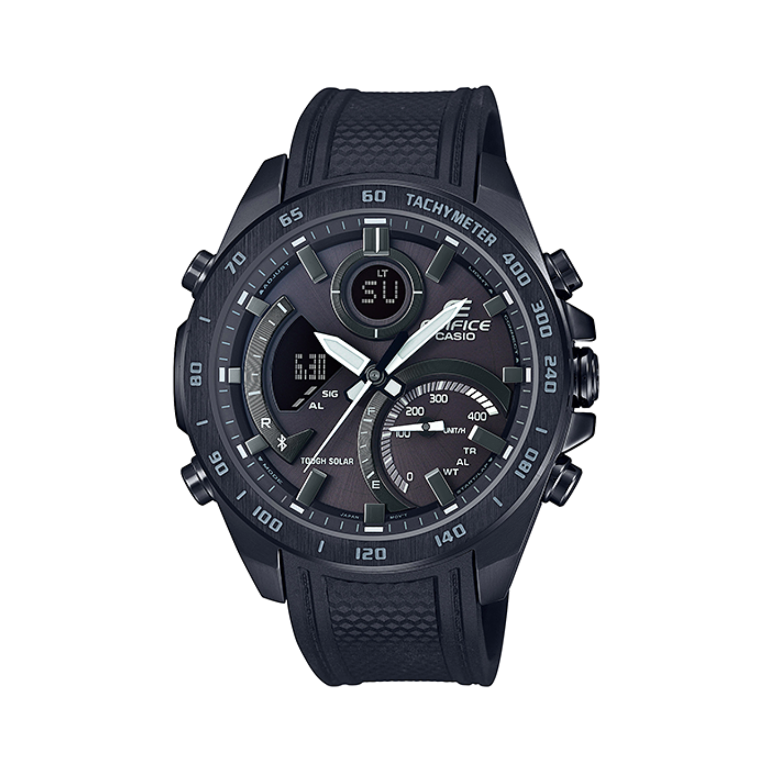 A black CASIO EDIFICE analog-digital watch with a silicone band, tachymeter bezel, and a digital display.