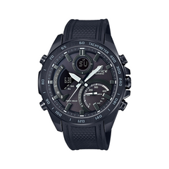 A black CASIO EDIFICE analog-digital watch with a silicone band, tachymeter bezel, and a digital display.