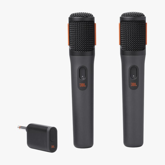 Two JBL PartyBox wireless microphones with a USB-C charging cable and a dongle.
