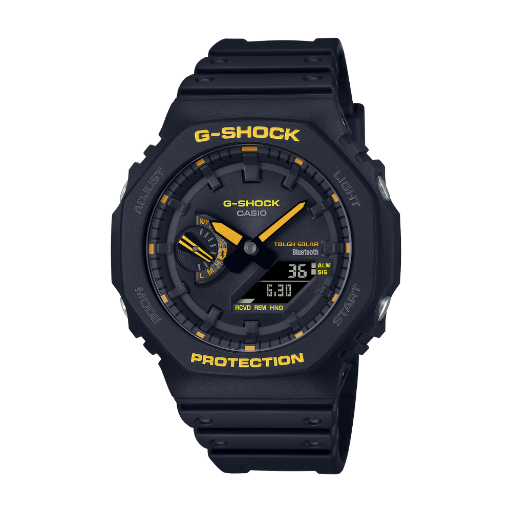 Black G-Shock watch with yellow text on a white background
