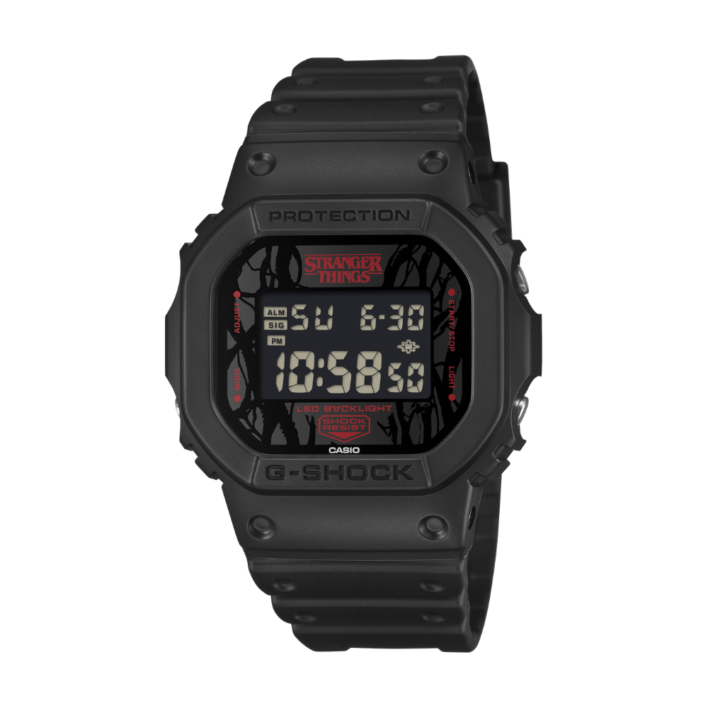 Black Casio G-Shock watch with digital display on a white background