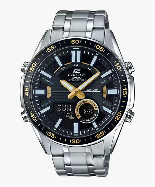 A Casio Edifice EFV-C100D-1BVDF watch with a black dial, stainless steel band, and metallic case.