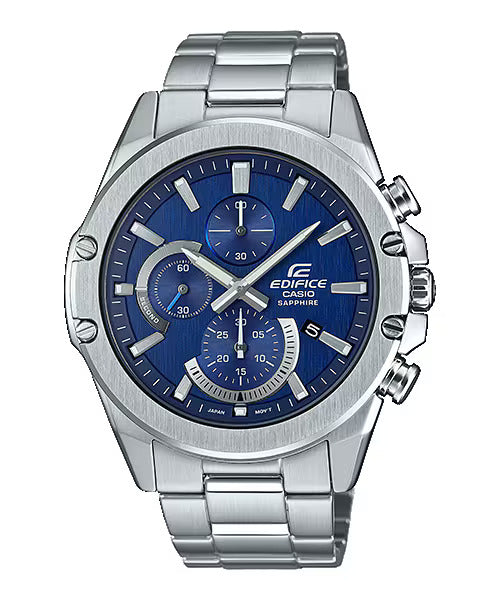 A Casio Edifice analog watch with a blue dial, stainless steel band, and multiple dials and subhands visible.