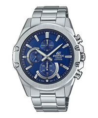 A Casio Edifice analog watch with a blue dial, stainless steel band, and multiple dials and subhands visible.